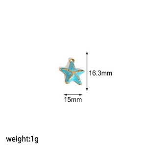 Detail of light blue starfish enamel pendant with size markings 16.3mm and 15mm