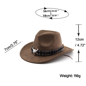 Spécifications de taille pour chapeau de cowboy en feutre marron avec motif taureau