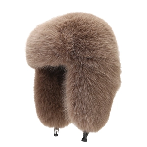 Brown faux fox fur ushanka trapper hat with adjustable ear flaps for winter warmth