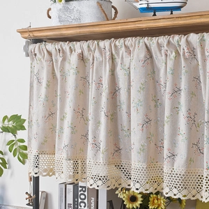 Floral cotton linen short curtain with delicate lace trim for cabinets and windows