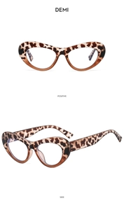 Detailed views showing the tortoiseshell demi pattern and cat eye frame of these glasses