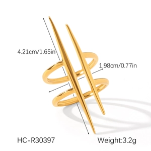 Detail view of gold double-ring spiked design with precise dimensions and measurements
