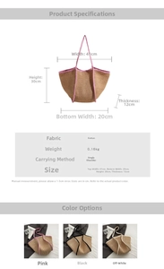 Detailed size chart of large straw tote bag with strap dimensions and color options