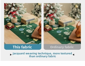 Dettaglio del runner da tavola natalizio verde scuro con motivi jacquard festivi