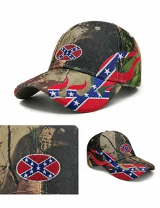 Close-up of camouflage baseball cap featuring red white and blue flame embroidery details