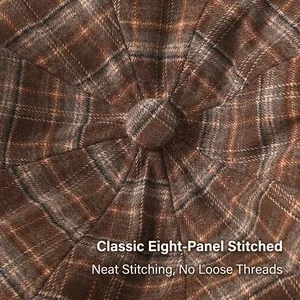 Classic brown plaid newsboy cap with eight-piece stitching and top center button detail