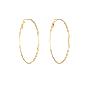 Detailed view of polished gold hoop earrings in stainless steel on a white backdrop