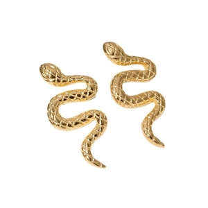 Elegant gold snake shaped earrings in stainless steel with detailed scale texture
