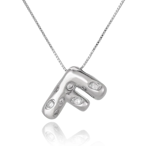 Detailed close-up of a silver-toned letter F pendant inlaid with sparkling cubic zirconia