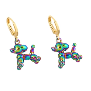 Rainbow iridescent balloon dog earrings with gold hoops on white background