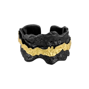 Irregular tin foil texture S925 sterling silver wide ring with black and gold lava finish