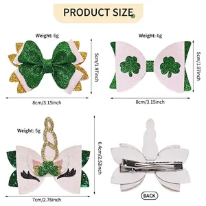 Size chart for St. Patrick's Day clover and unicorn hair clips with dimensions in cm and inch