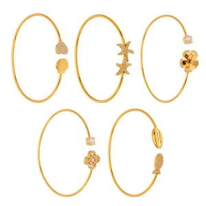 Five-piece gold stainless steel open bangle set with starfish and seashell charms