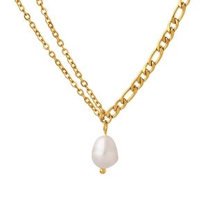 Double-layered 18K gold plated stainless steel necklace with Baroque pearl pendant