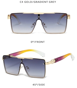 Detail view of square gold sunglasses with gradient grey lenses from front and side angles