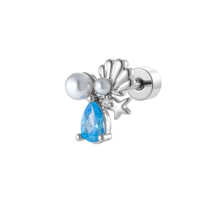 Silver starfish and shell stud earrings with blue zircon and pearls on white background