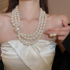 Detail of layered white pearl necklace and earrings set worn by a model for elegant look