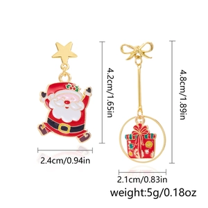 Asymmetric Christmas earrings with Santa and gift box pendant details and dimensions