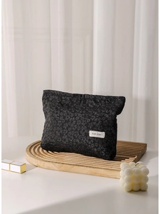 Portable black floral jacquard makeup bag with zipper closure for women travel storage