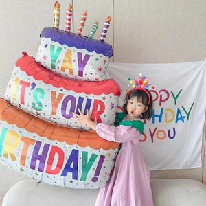 Three-layer birthday cake foil balloon with colorful candles for party decoration