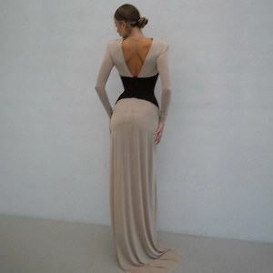 Elegant backless long-sleeve maxi dress in beige and black with deep V-neck and high slit