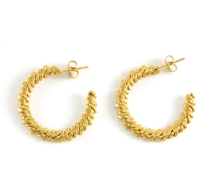 Macro view of 18K gold-plated stainless steel twisted hoop earrings with matte finish