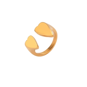 Close-up of a double heart open ring in a gold mirror finish made of stainless steel