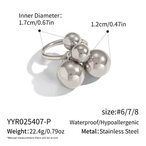 Size chart for waterproof stainless steel ring showing inner diameter and sphere dimensions