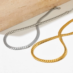 Flat gold and silver stainless steel Cuban link necklaces with adjustable lobster clasp