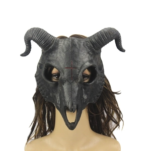 Realistic black goat skull devil mask with long horns for Halloween party costume