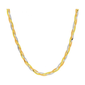 Three-tone woven stainless steel necklace in gold, rose gold, and silver finishes