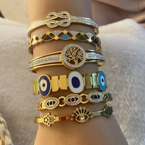 Evil Eye Bangle Bracelet Stainless Steel Rhinestone Enamel Tree Of Life Fatima Hand Gold Plated Vintage Jewelry For Women