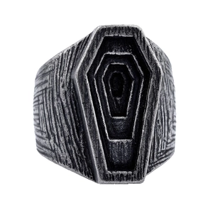 Vintage punk style coffin shaped ring in antique silver finish with textured grooves