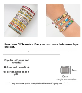Detail view of DIY modular charm bracelet with 10mm stainless steel enamel link charms