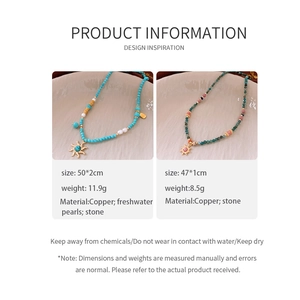 Detail view of boho beaded necklaces with sun pendants, stones, and pearls showing dimensions
