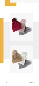 Detail of winter knit hat featuring fluffy pom-poms and textured argyle pattern