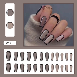 2D cartoon style coffee grey press-on nails with black borders and long coffin shape