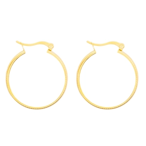 Detail of 18K gold plated hoop earrings with fine horizontal brushed metal texture