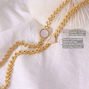 18K gold plated wheat ear chain bracelet with white shell heart charms and 5cm extension