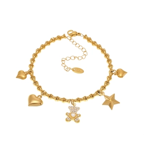 Goldenes Edelstahl-Bambusarmband mit Herz-, Stern- und Zirkon-Bärenanhängern