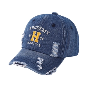 Retro distressed denim baseball cap for kids with yellow H embroidery and frayed details