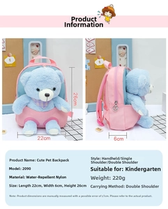 Close-up of waterproof nylon backpack for kids with blue teddy bear and purple scarf detail