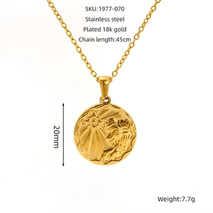 Macro detail of Aries zodiac pendant on 18k gold plated stainless steel necklace