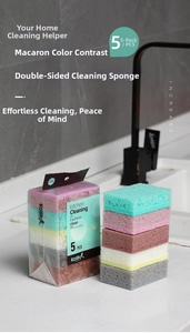 Close-up of 5-pack macaron colored double-sided sponges with scouring pad and soft foam