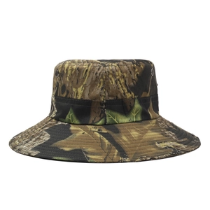 Wide brim camouflage bucket hat with breathable mesh and chin strap for outdoor fishing