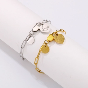 Minimalist gold and silver titanium steel bracelets with engraved heart love charms