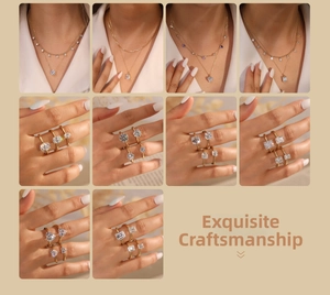 Detailed grid showing elegant gold necklaces and zircon rings with diverse stone cuts