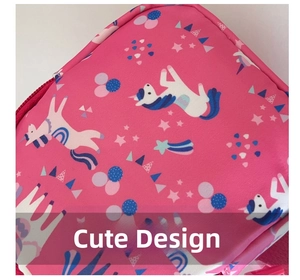 Close-up of pink polyester kids bag with cartoon unicorn and starry sky pattern