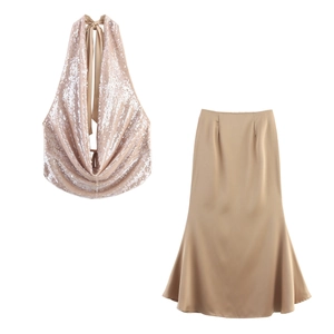 Women Sequin Halter Cowl Neck Top And Satin Fishtail Long Skirt Sexy Party Clubwear Champagne