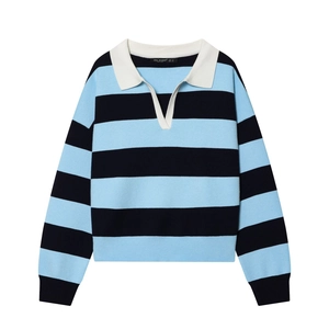 Maglia polo da donna a maniche lunghe a righe blu e nere con colletto a contrasto